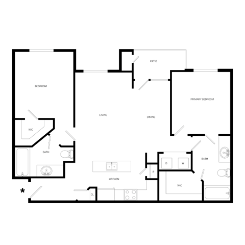 Floor plan for 2 beds, 2 baths, 1129 sqft